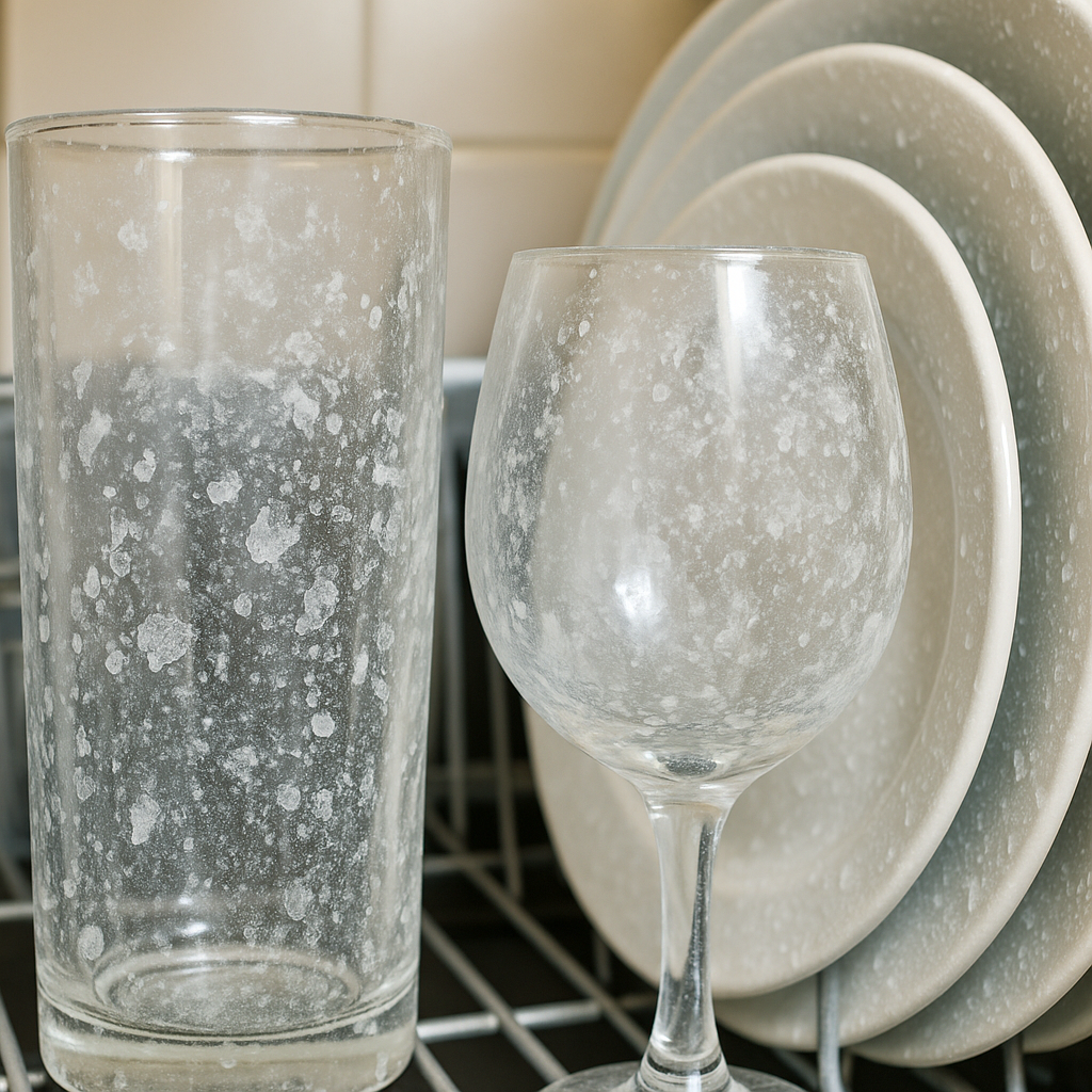 chalky white residue on glassware caused by Denver hard water